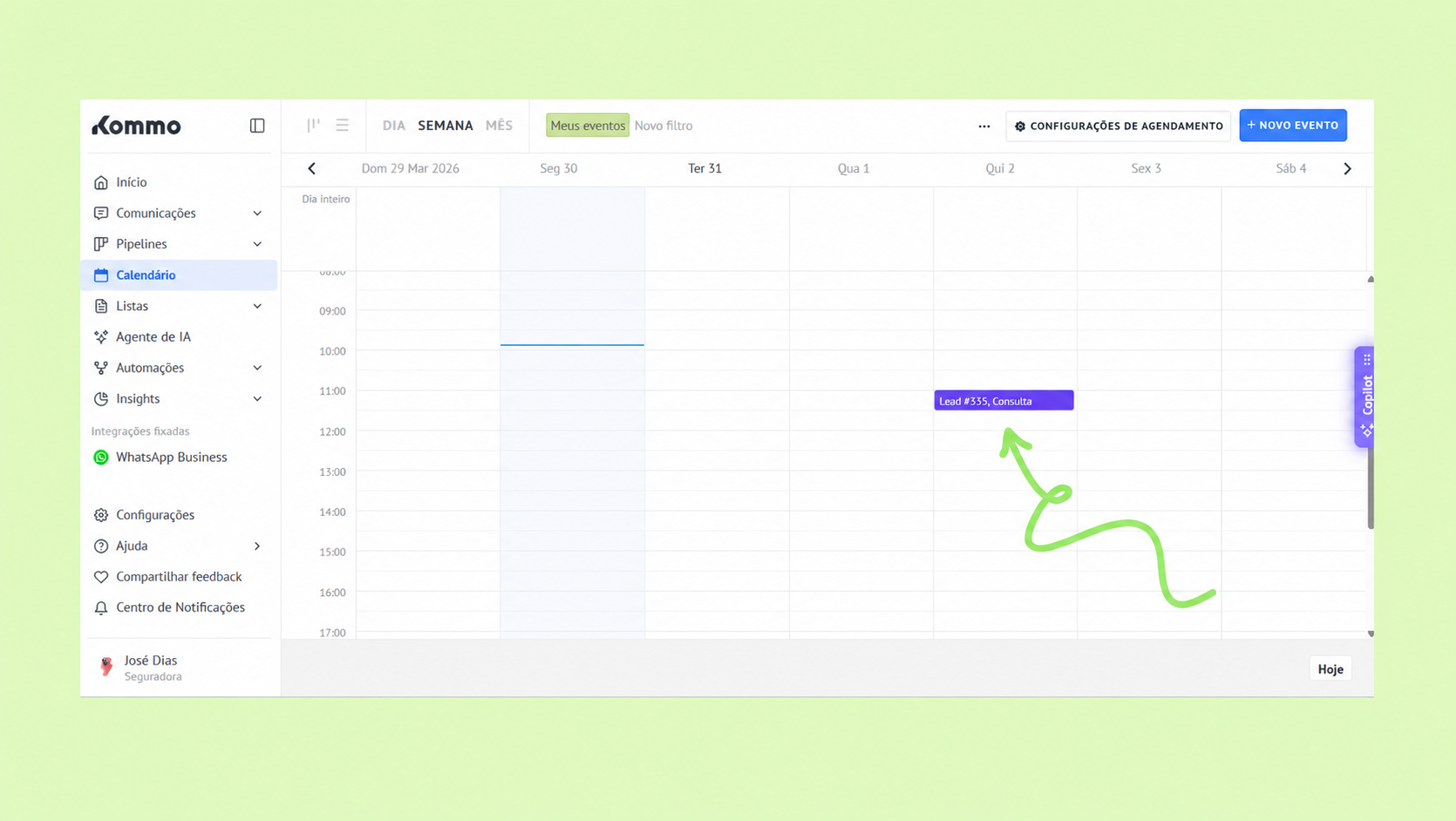 Calendar view showing scheduled event for Lead #335, with navigation arrows indicated.